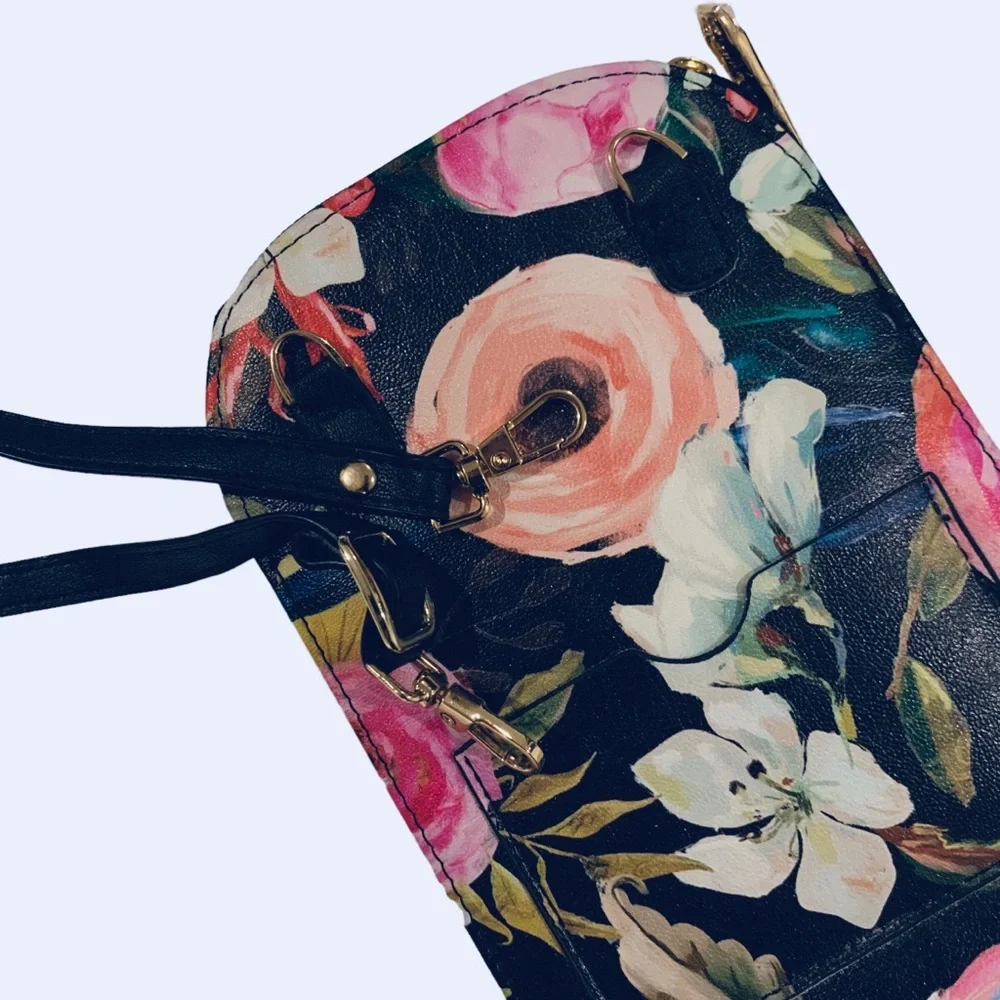 MONARQUE PINK FLORAL ON BLACK CROSSBODY BAG PURSE WALLET WATERCOLOR FLORAL PURSE - Picture 3 of 13